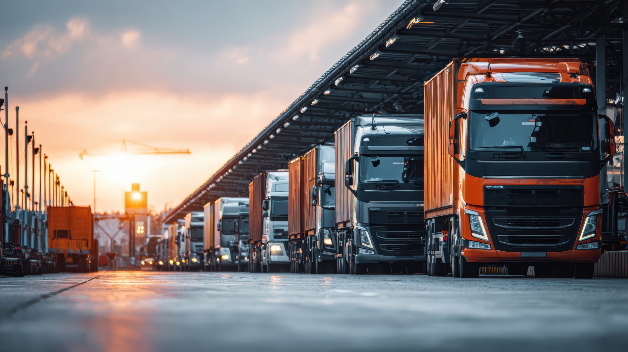 commercial-trucks-lined-up-logistics-hub-sunset